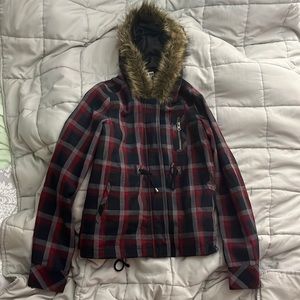 Hang Ten Red/Black Checkered Faux Fur Hoodie Light Jacket Size Small (Kids)
